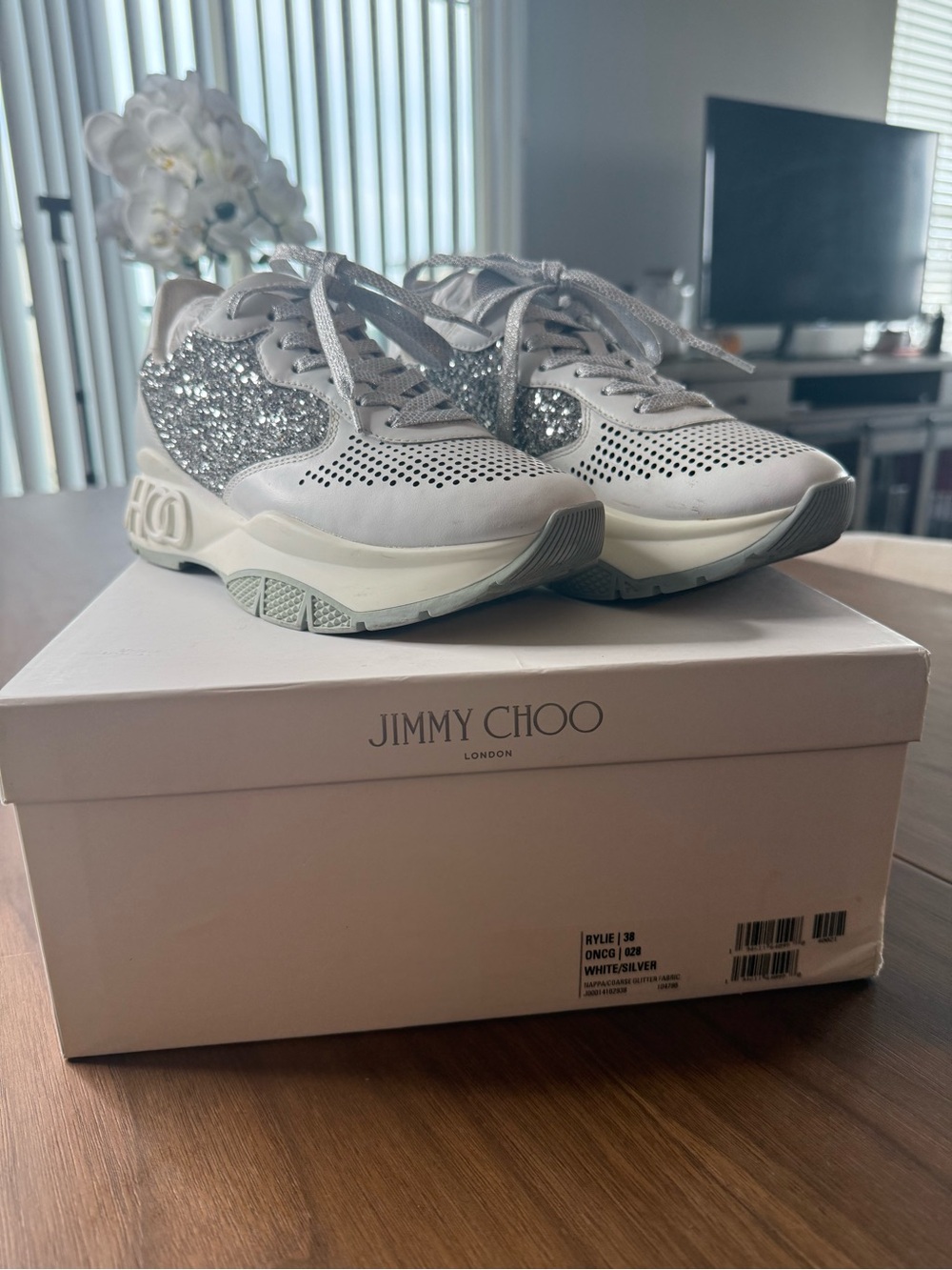 Jimmy Choo White and Silver Glitter Rylee Lace-Up Sneakers